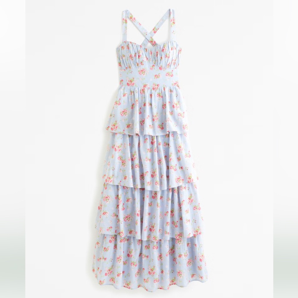 Abercrombie & Fitch Blue and Pink Tiered Ruffled Maxi Dress